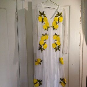 White Embroidered Lemon Midi Dress
